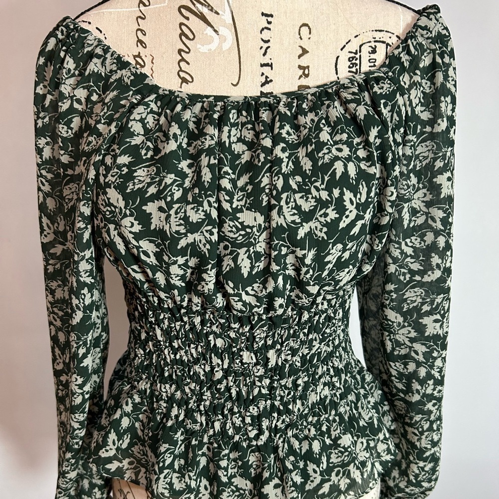 Madewell Dark Green Floral Smocked Blouse Small